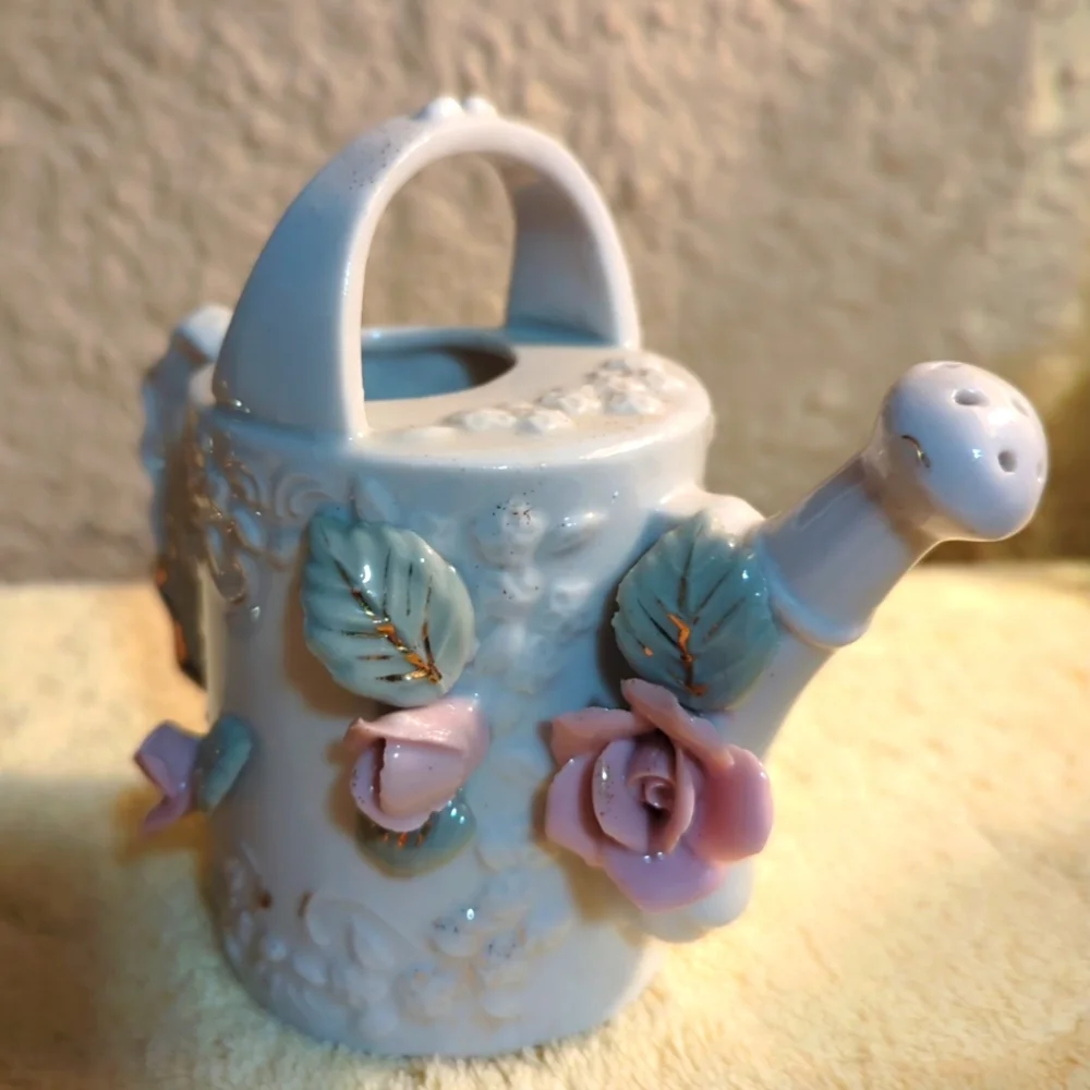 Vintage 1950's 3D Vase Pink Roses Ribbed Watering Can Japan Gold Trim